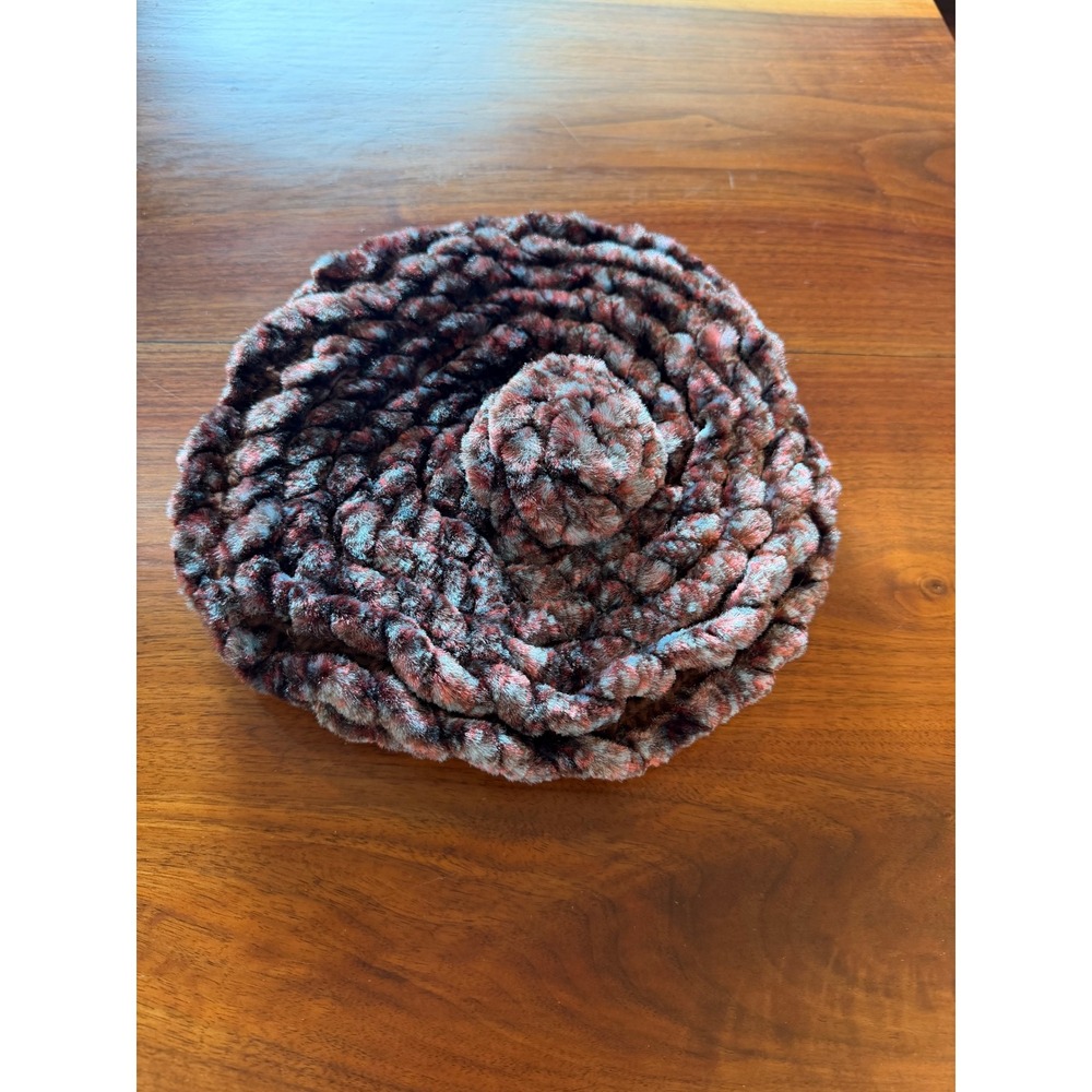 Handmade in Italy Chunky Knit Beret Wool Blend Variegated Chenille Pom Pom Hat
